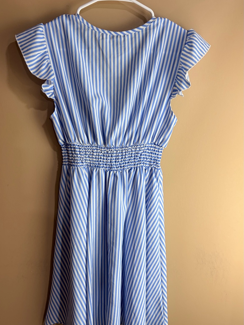 SHEIN Blue and White Striped Smocked Waist Flutter Sleeve Dress